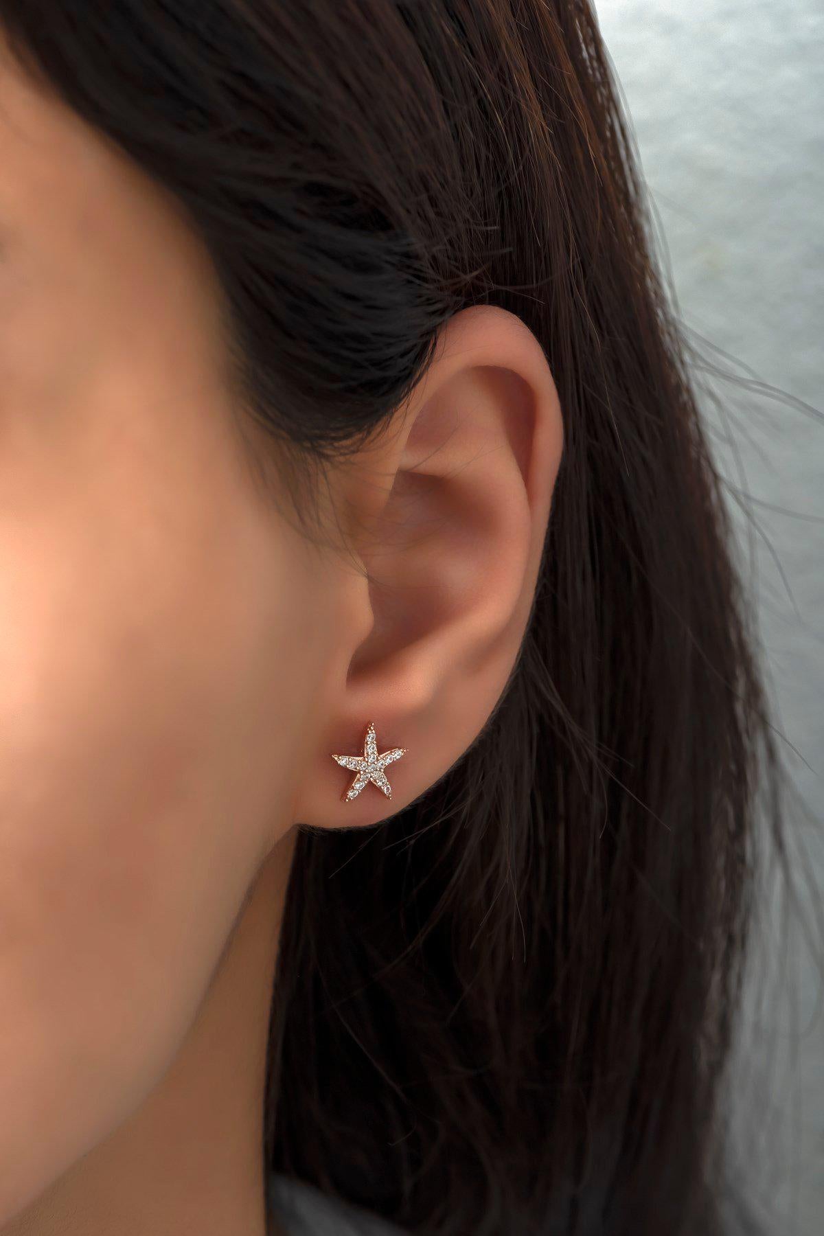 Sterling Silver Rose Gold Starfish Stud Earrings | Zircon (NRZ99801)