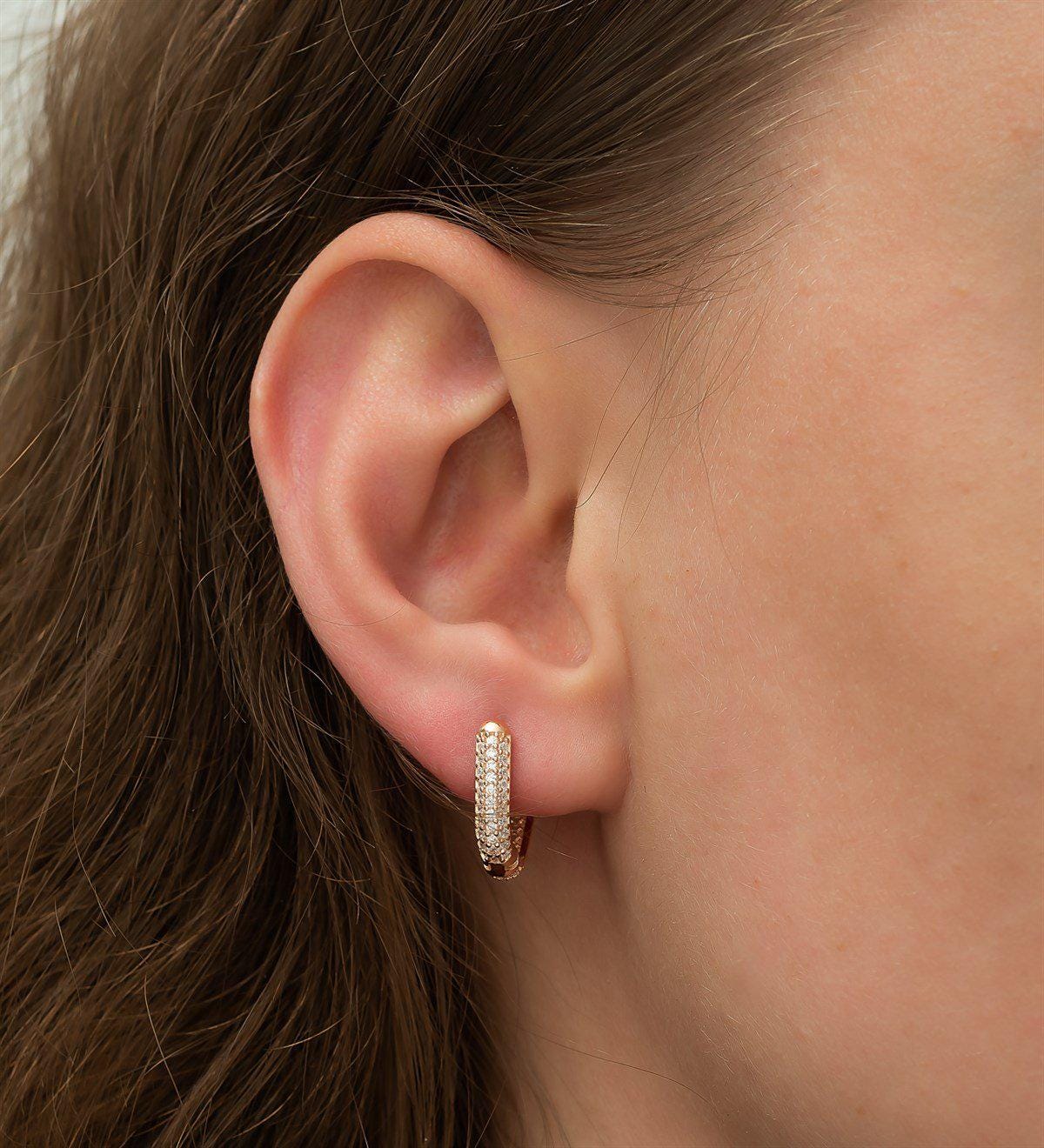 925 Sterling Silver Rose Gold U Shape Zircon Hoop Earrings | Minimal Pave Design (NRZ1172)