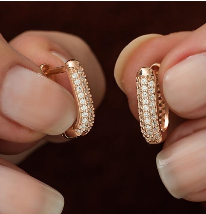 925 Sterling Silver Rose Gold U Shape Zircon Hoop Earrings | Minimal Pave Design (NRZ1172)