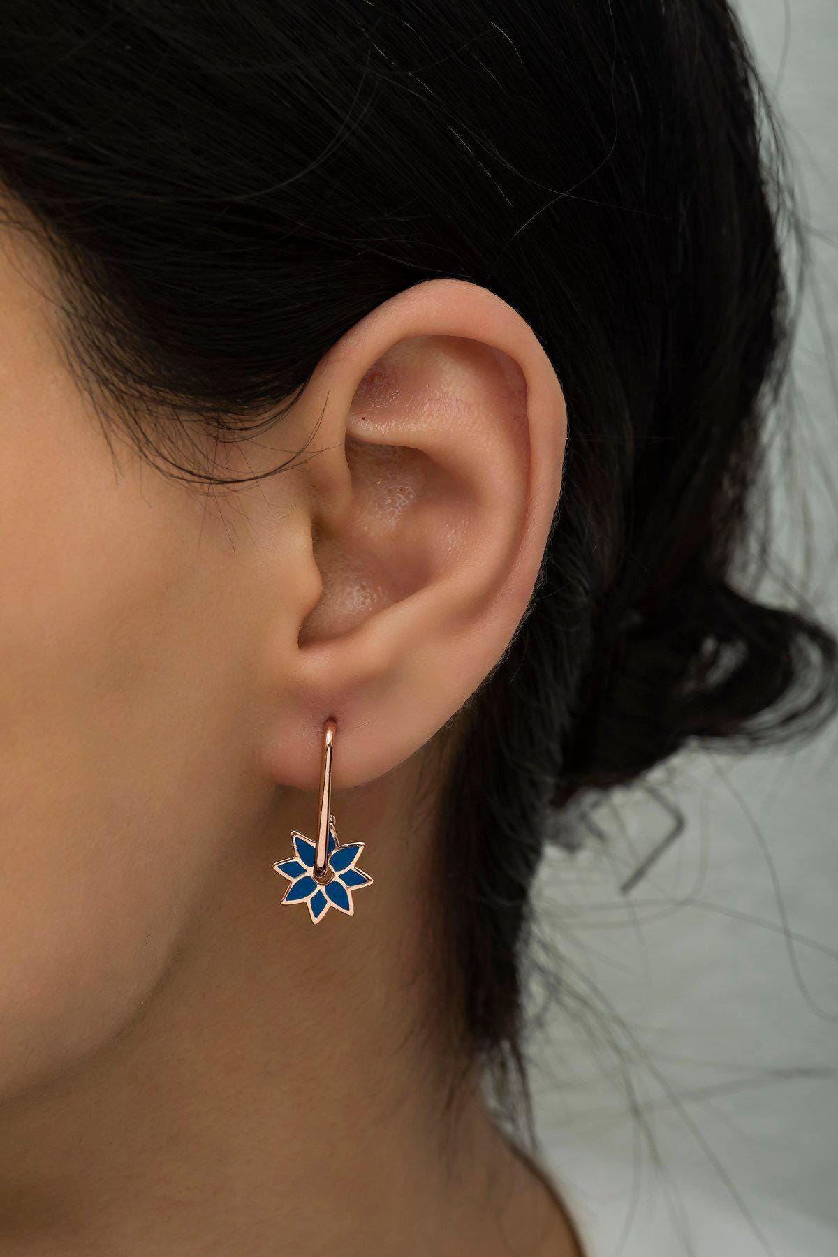 925 Sterling Silver Blue Enamel Windmill Earrings | Rose Gold Plated Minimal Jewelry (NRZ998498)