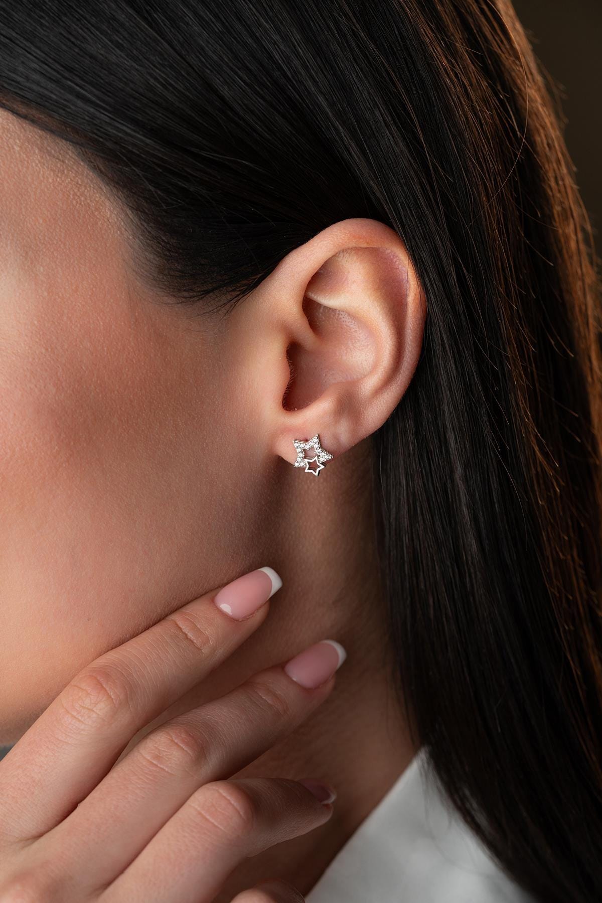 925 Sterling Silver Double Star Stud Earrings | Rhodium Plated Minimal Design (NRZ1000401)