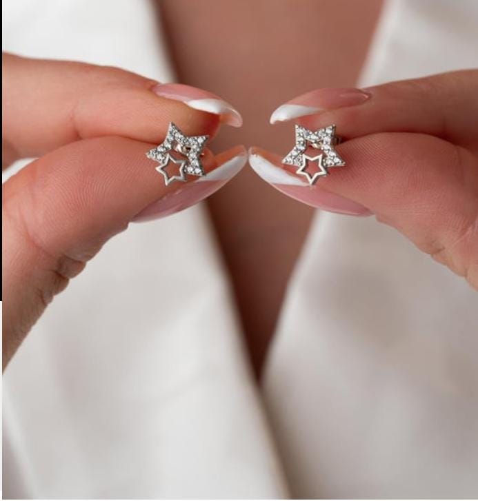 925 Sterling Silver Double Star Stud Earrings | Rhodium Plated Minimal Design (NRZ1000401)