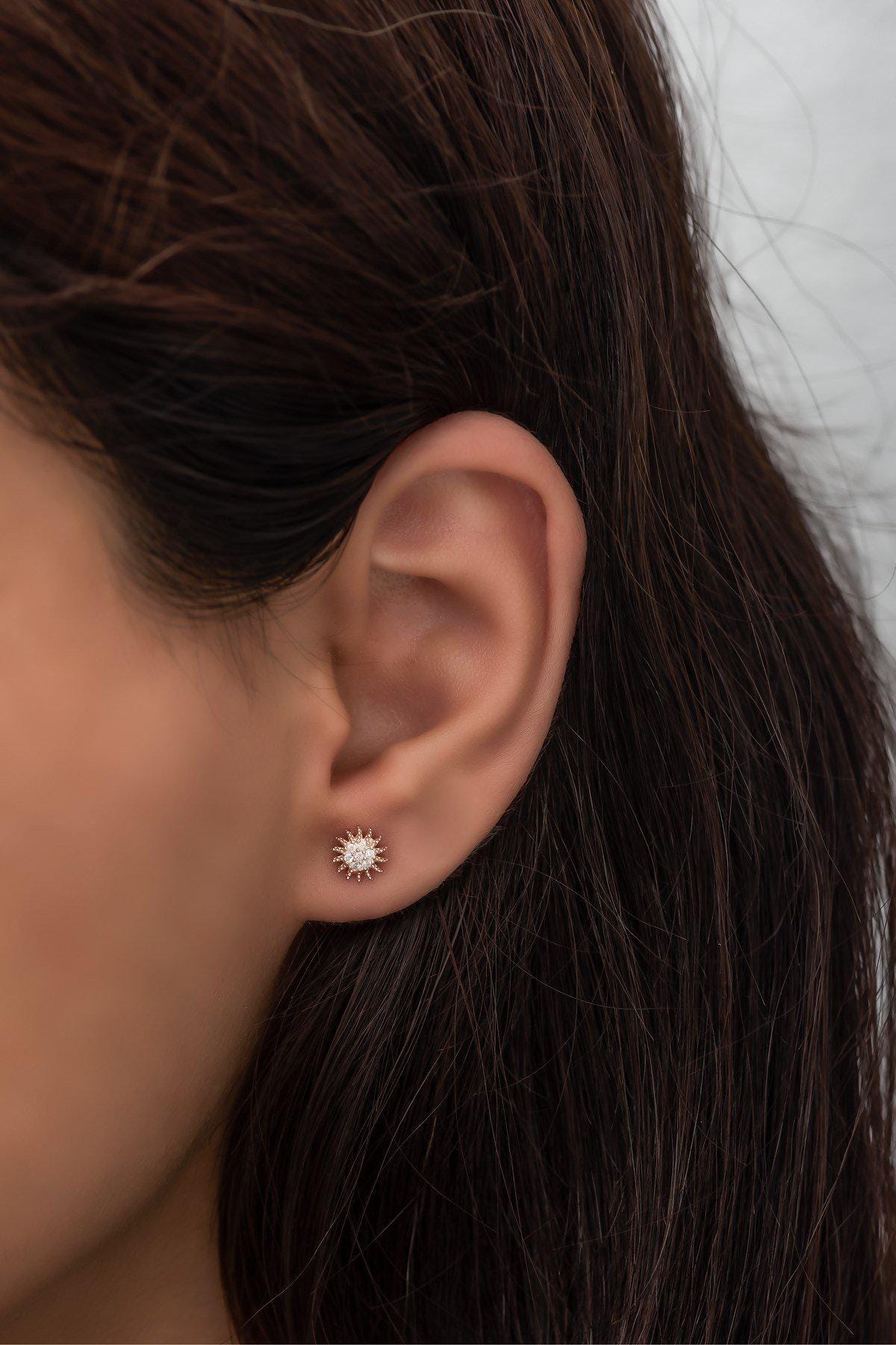 925 Sterling Silver Mini Sun Stud Earrings | Rose Gold Plated Zircon Design (NRZ99438)
