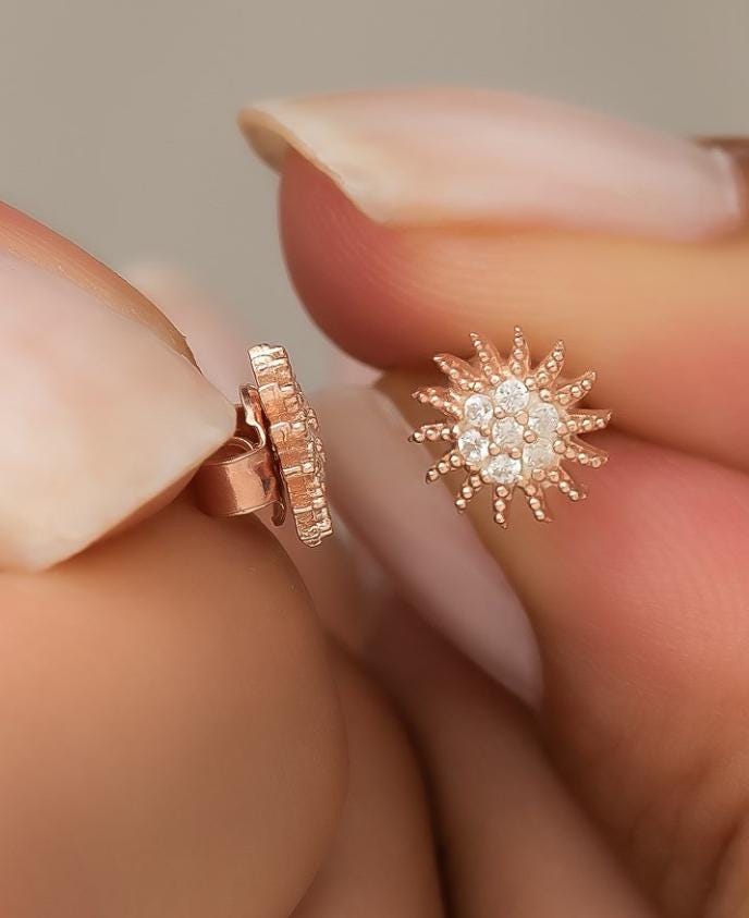 925 Sterling Silver Mini Sun Stud Earrings | Rose Gold Plated Zircon Design (NRZ99438)