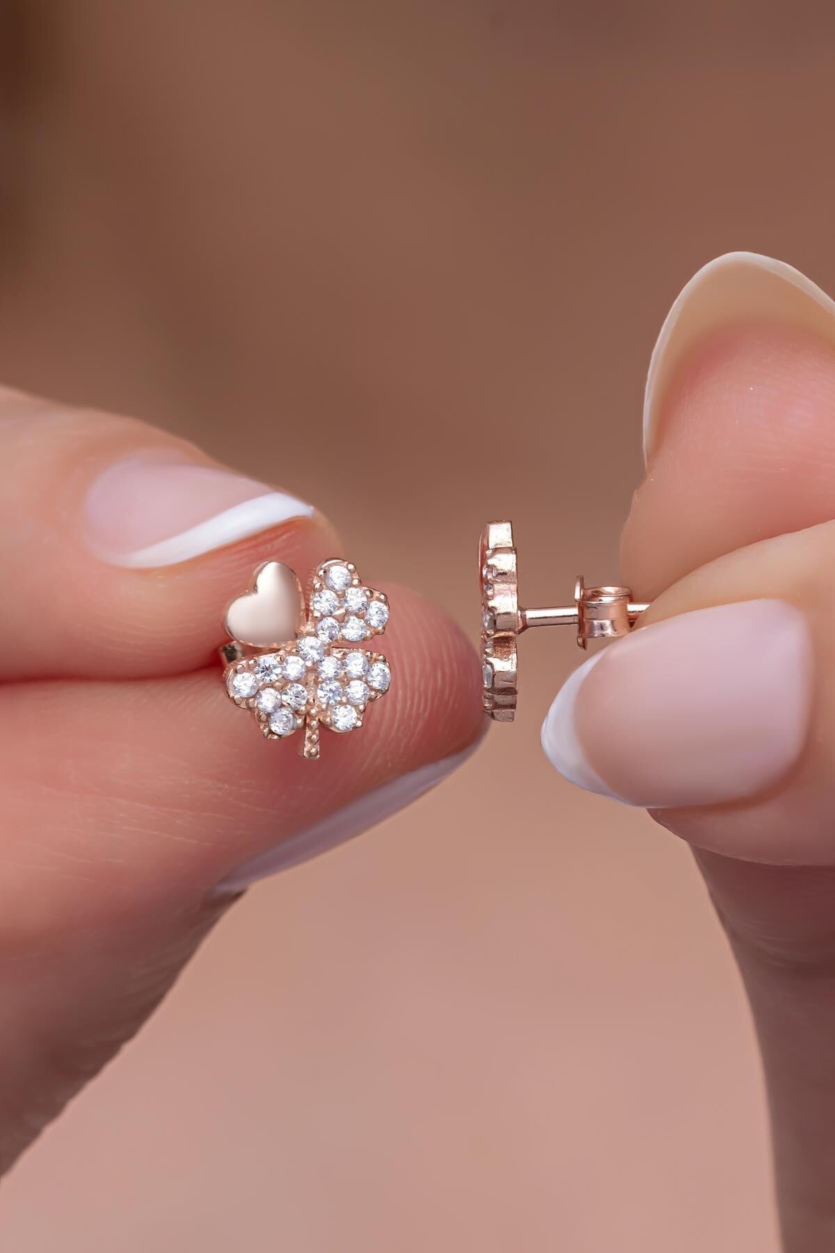 Rose Gold Clover Stud Earrings | Sterling Silver Zircon Accent