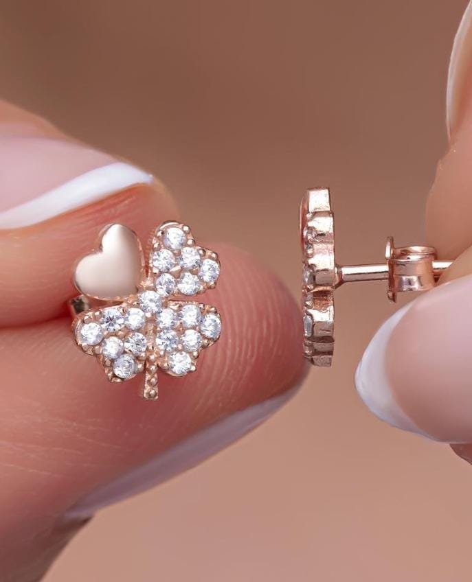 Rose Gold Clover Stud Earrings | Sterling Silver Zircon Accent