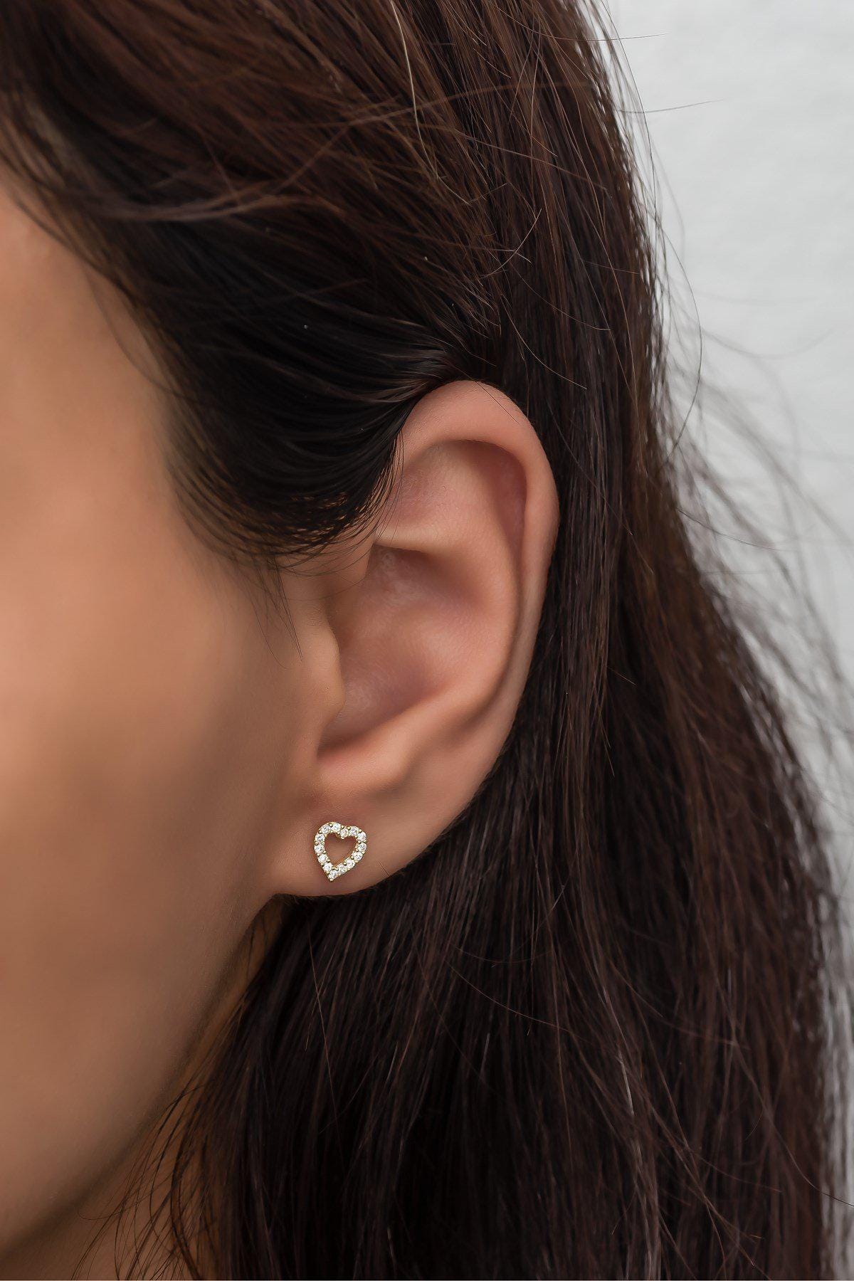 925 Sterling Silver Gold Plated Heart Stud Earrings | Zircon Minimal Design (NRZ99406)