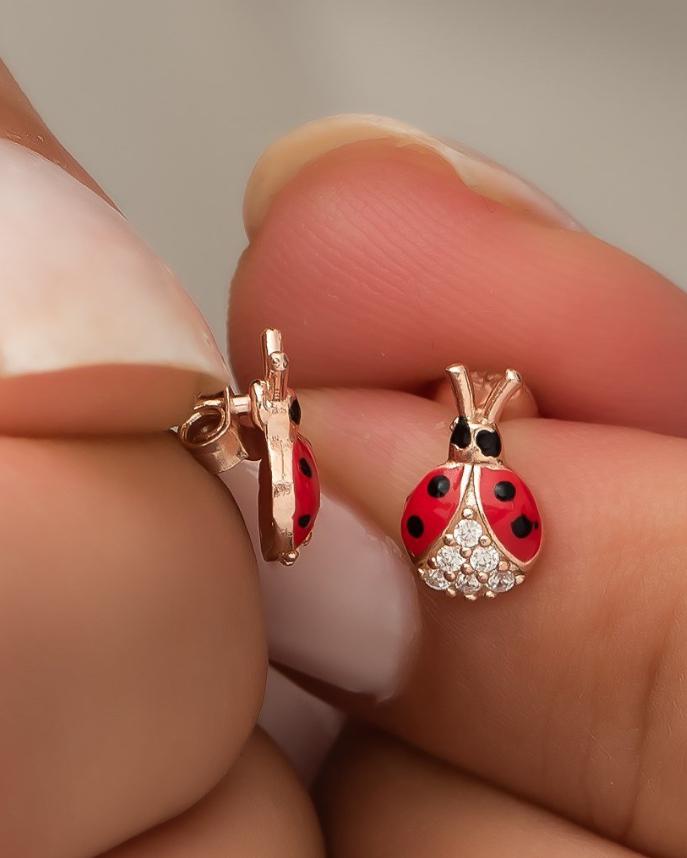 925 Sterling Silver Red Enamel Ladybug Stud Earrings | Rose Gold Plated Zircon Design (NRZ99446)