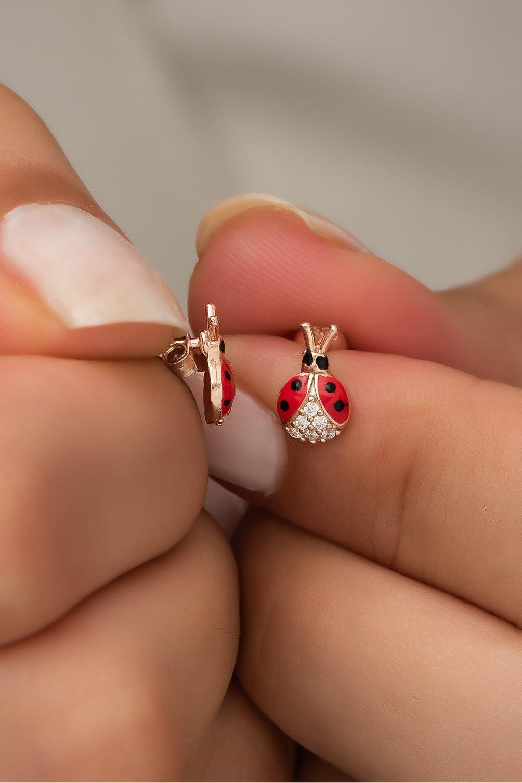 925 Sterling Silver Red Enamel Ladybug Stud Earrings | Rose Gold Plated Zircon Design (NRZ99446)