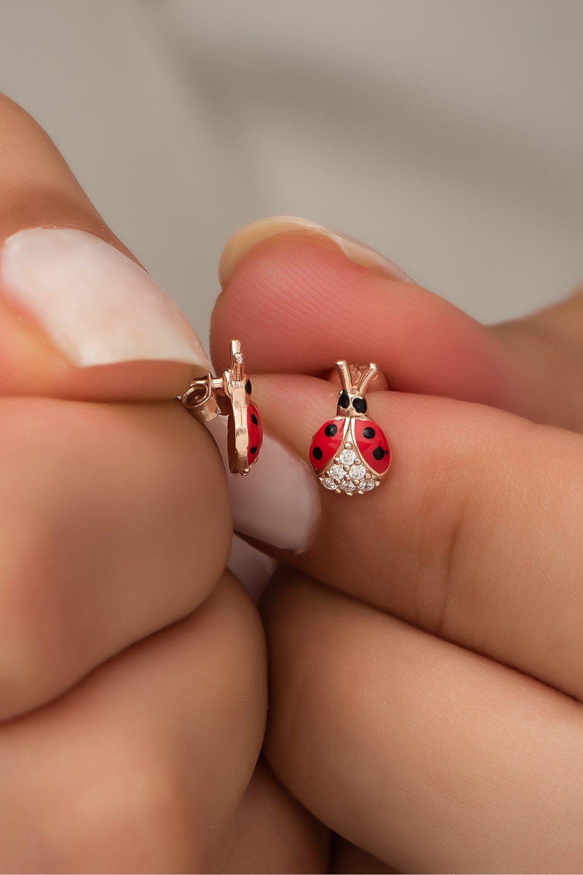 925 Sterling Silver Red Enamel Ladybug Stud Earrings | Rose Gold Plated Zircon Design (NRZ99446)
