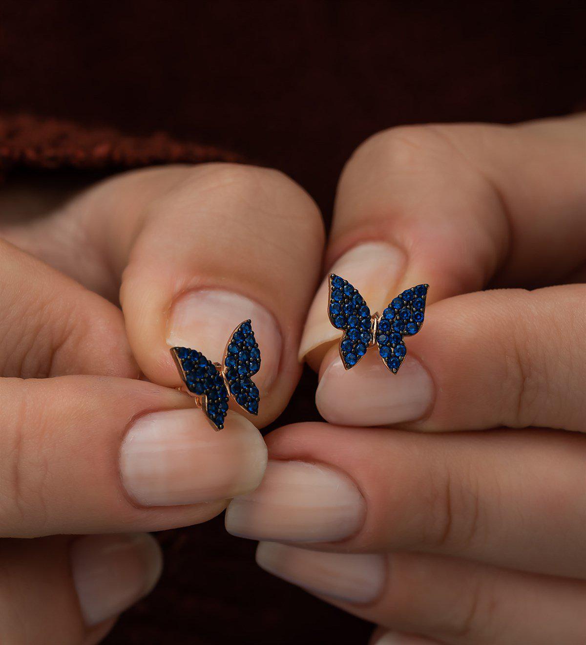 925 Sterling Silver Blue Butterfly Stud Earrings | Rose Gold Plated Zircon Design (NRZ1133)