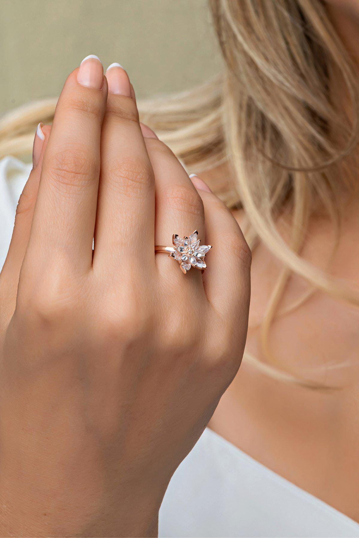 Rose Gold Lotus Ring | 925 Sterling Silver, White Zircon (NRZ998886)