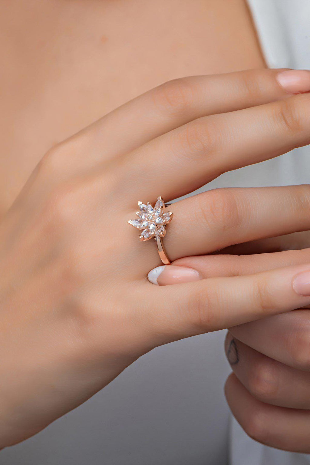 Rose Gold Lotus Ring | 925 Sterling Silver, White Zircon (NRZ998886)