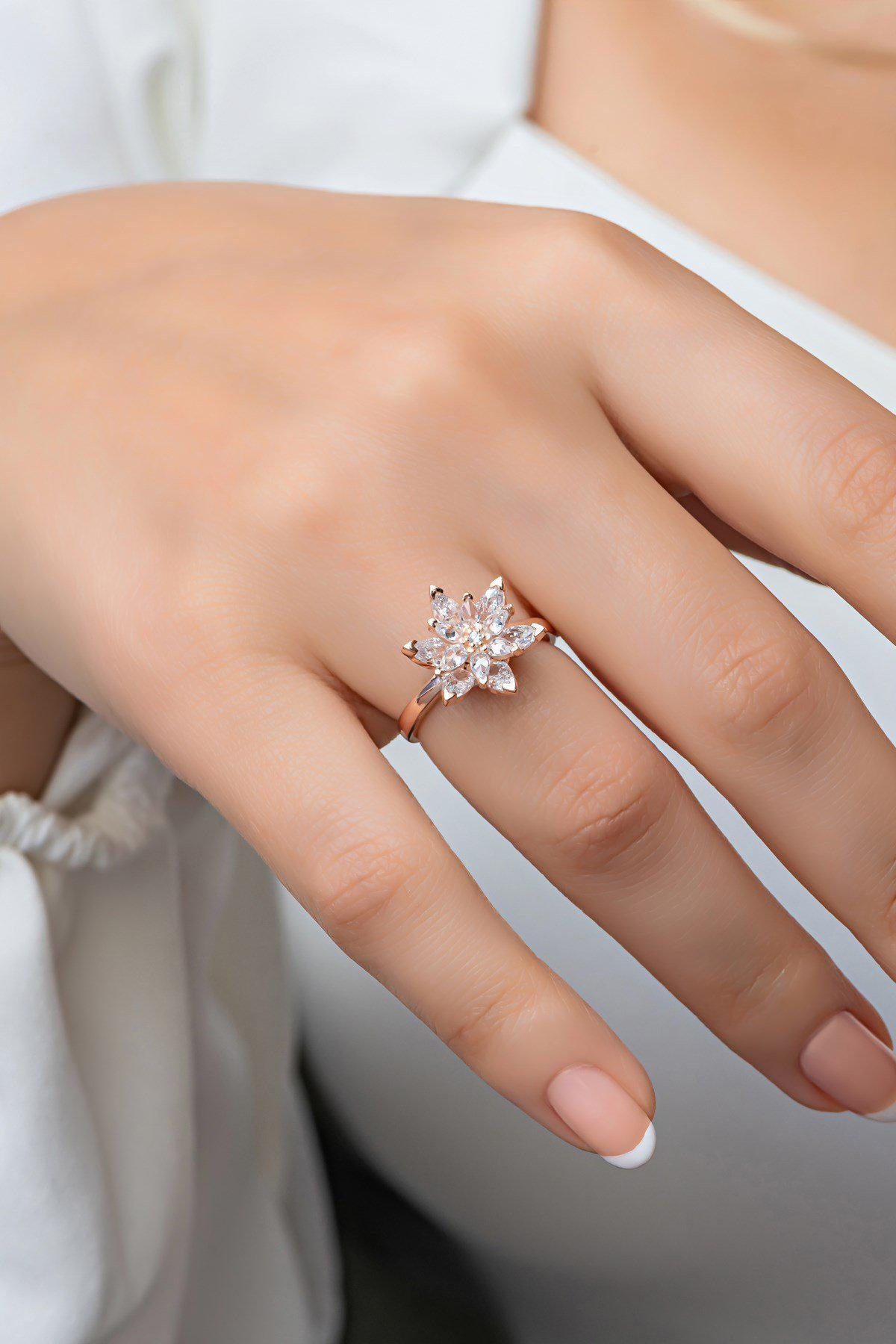 Rose Gold Lotus Ring | 925 Sterling Silver, White Zircon (NRZ998886)