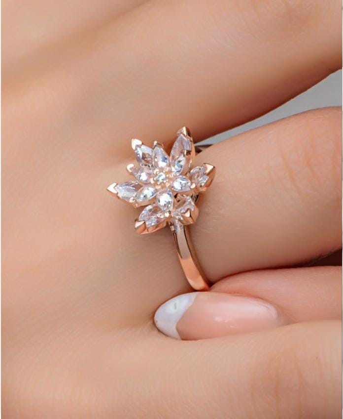 Rose Gold Lotus Ring | 925 Sterling Silver, White Zircon (NRZ998886)