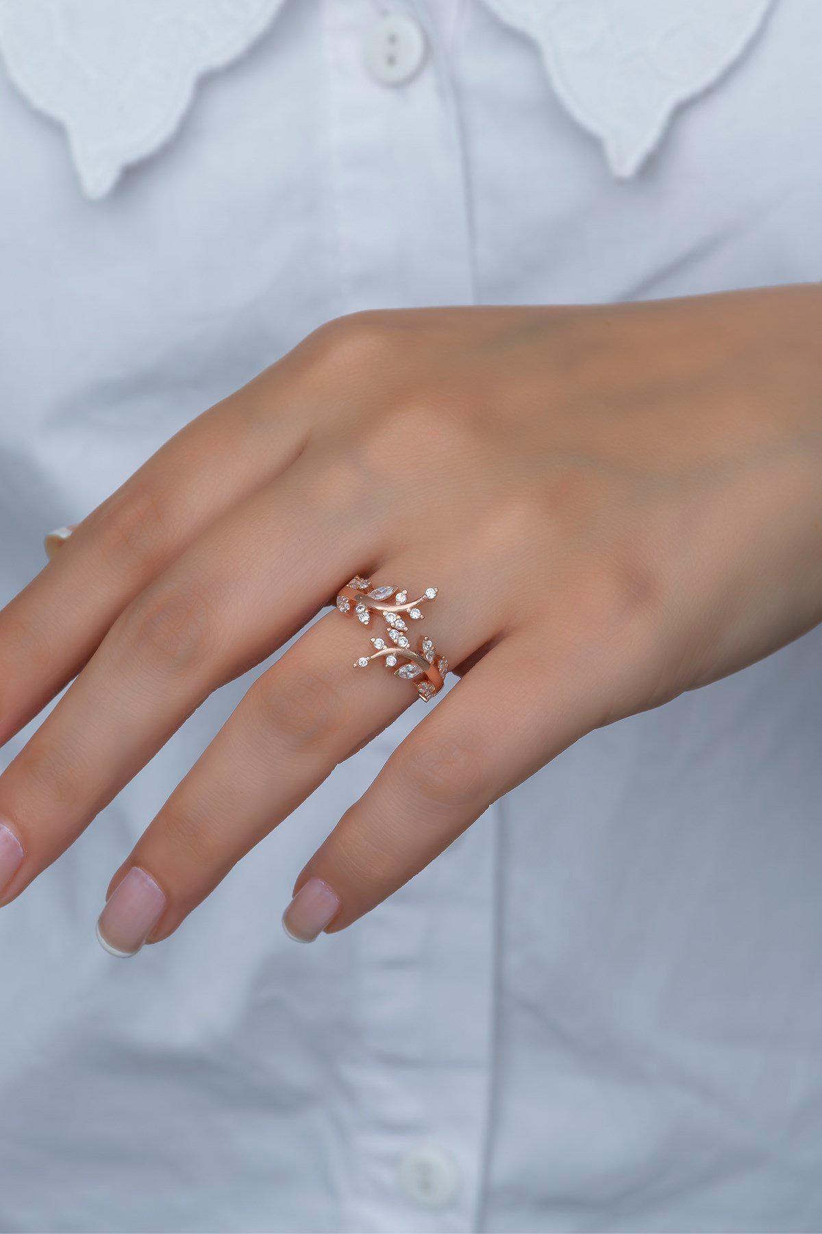 Adjustable Olive Branch Ring | Rose Gold Plated Zircon Nature Design (NRZ99385)