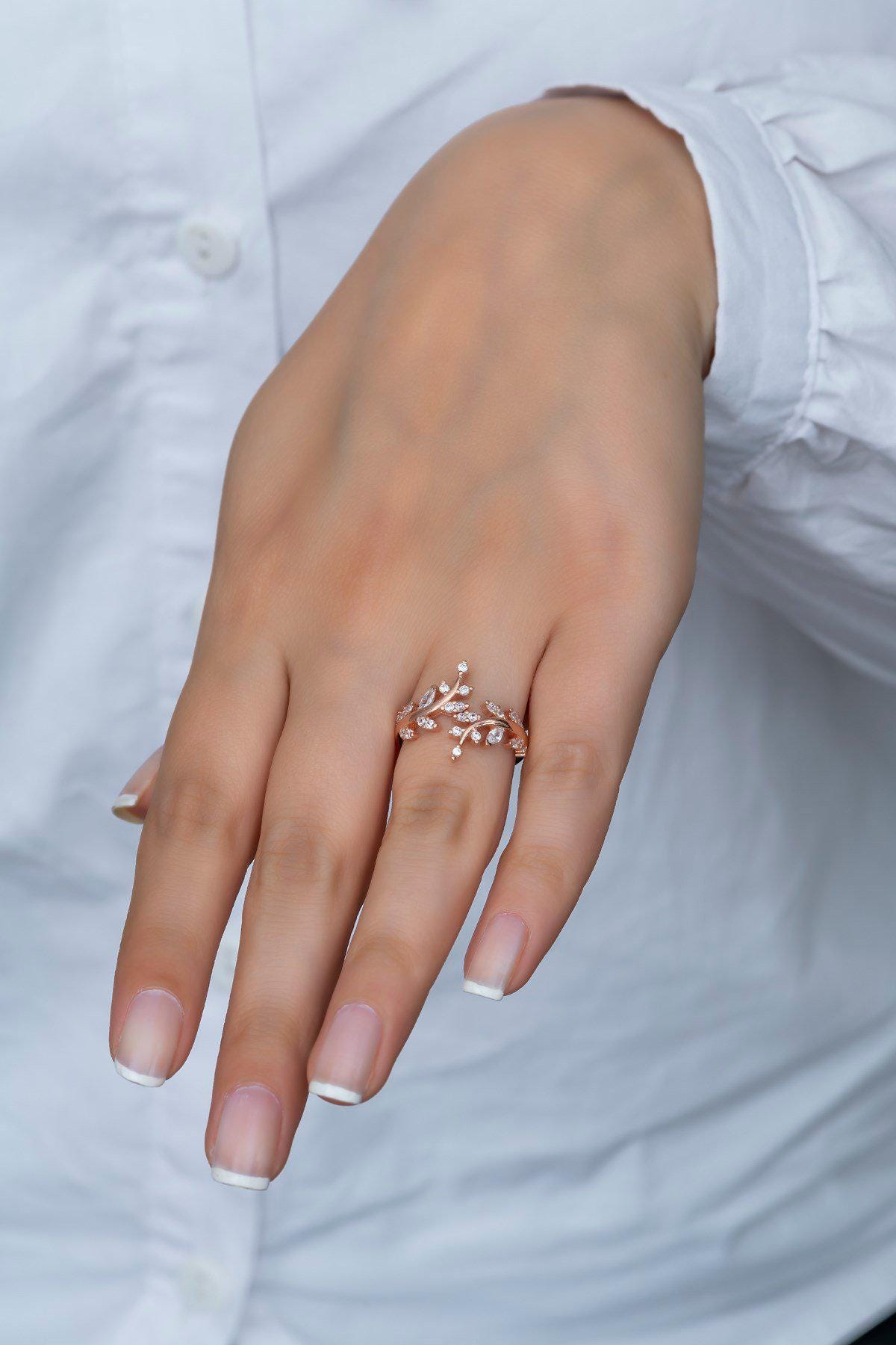 Adjustable Olive Branch Ring | Rose Gold Plated Zircon Nature Design (NRZ99385)