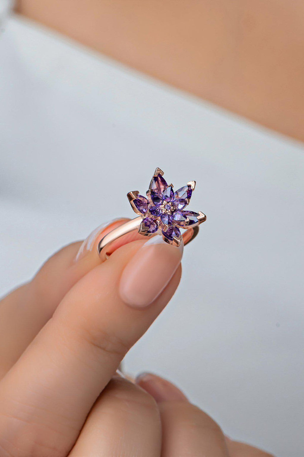 Adjustable Purple Lotus Flower Ring | Rose Gold Plated Zircon Spiritual Design (NRZ998885)
