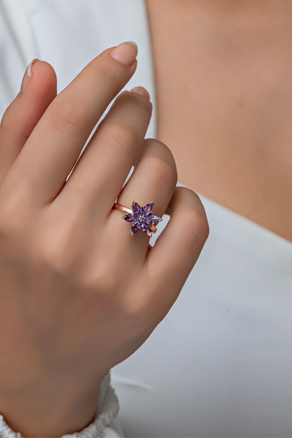 Adjustable Purple Lotus Flower Ring | Rose Gold Plated Zircon Spiritual Design (NRZ998885)