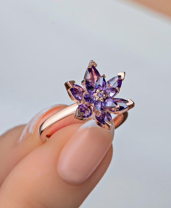 Adjustable Purple Lotus Flower Ring | Rose Gold Plated Zircon Spiritual Design (NRZ998885)