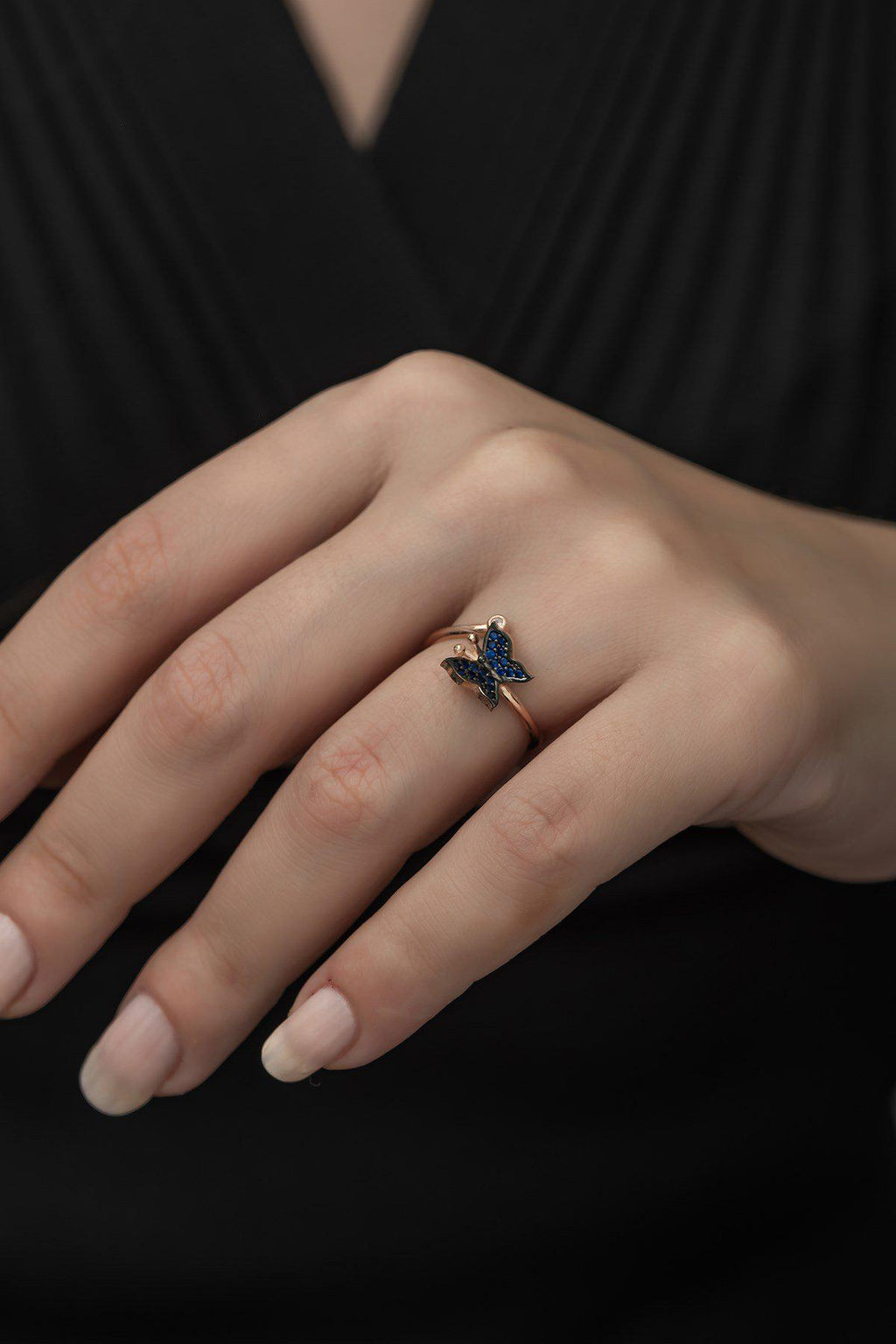 Adjustable Blue Butterfly Ring | Rose Gold Plated Zircon Design (TRDYL995)