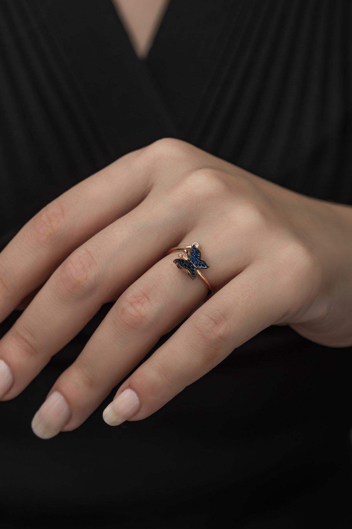 Adjustable Blue Butterfly Ring | Rose Gold Plated Zircon Design (TRDYL995)