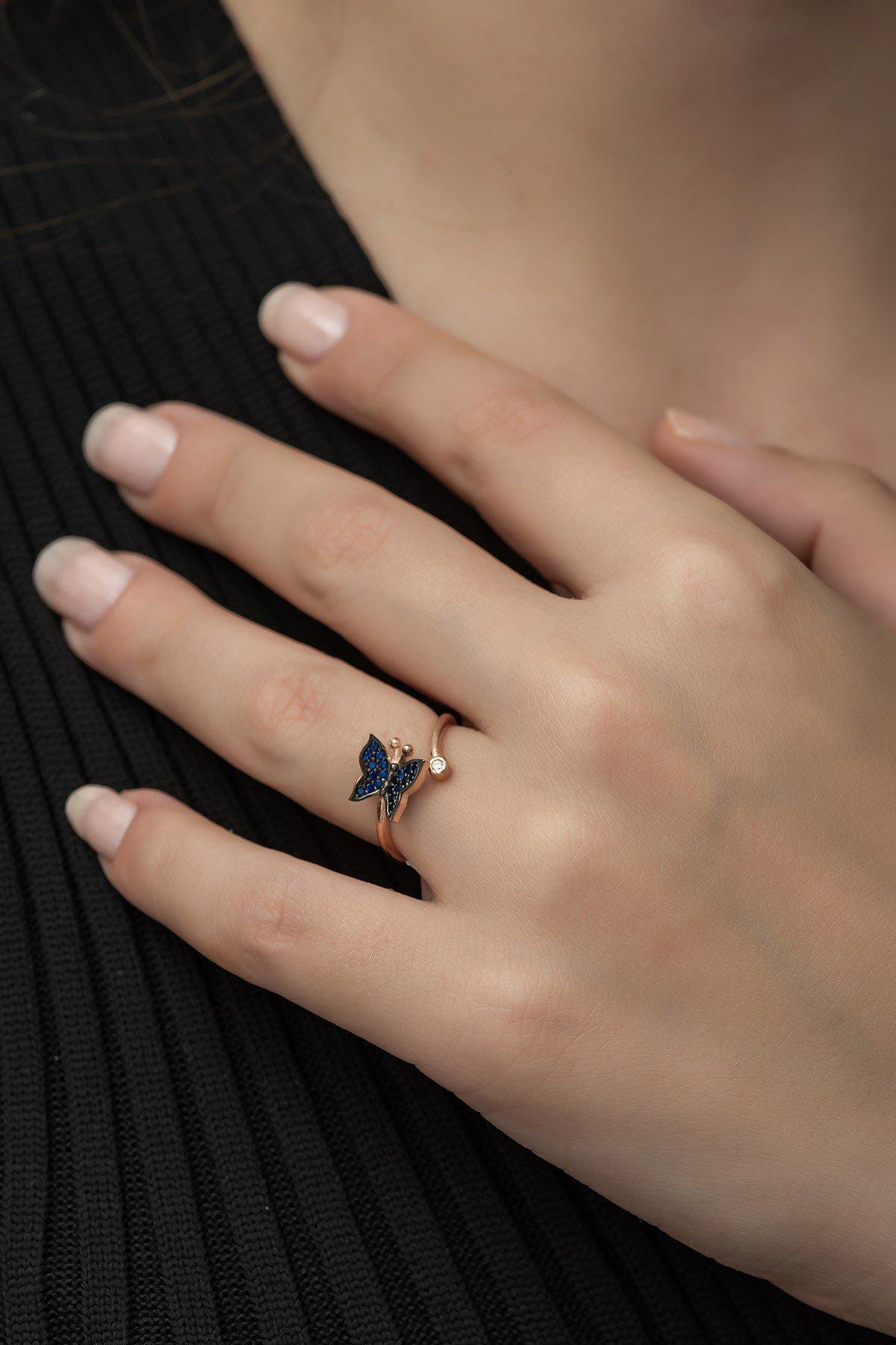 Adjustable Blue Butterfly Ring | Rose Gold Plated Zircon Design (TRDYL995)