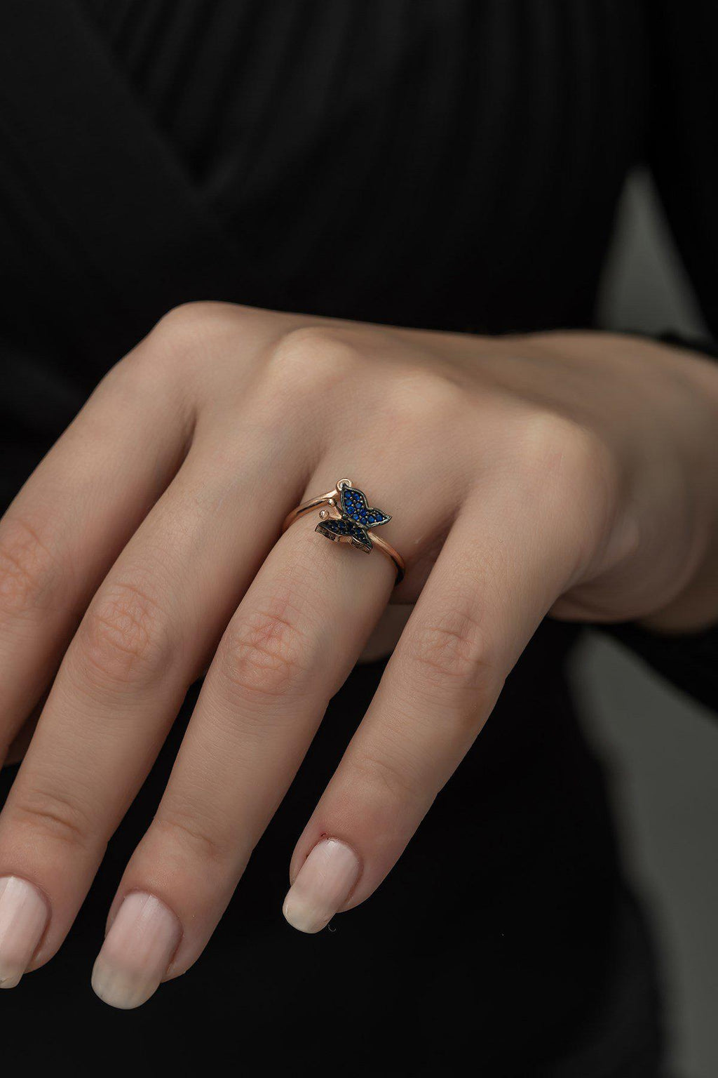 Adjustable Blue Butterfly Ring | Rose Gold Plated Zircon Design (TRDYL995)