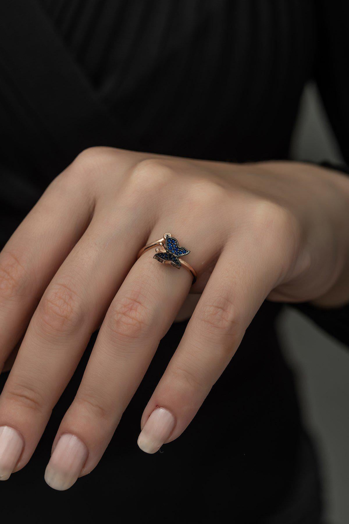 Adjustable Blue Butterfly Ring | Rose Gold Plated Zircon Design (TRDYL995)