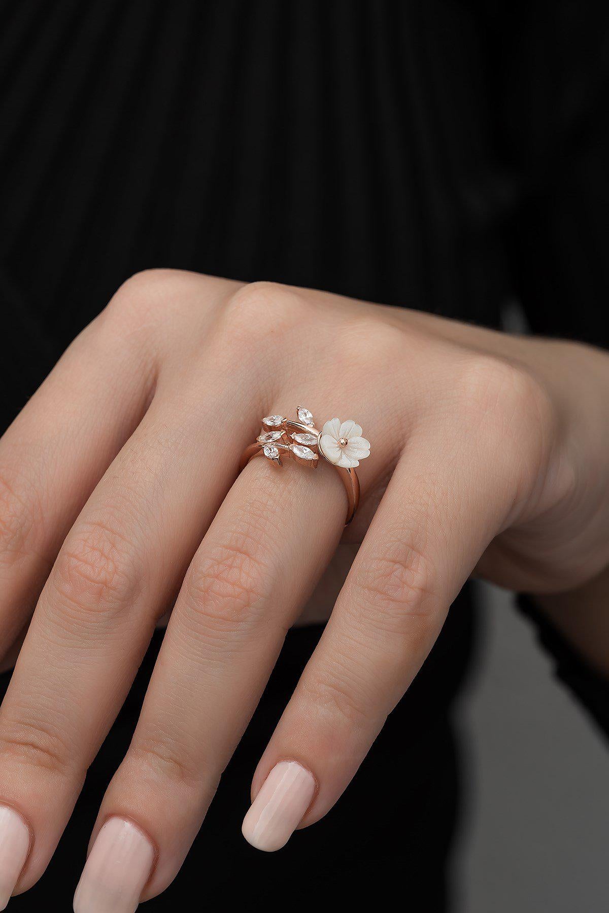 Adjustable Magnolia Flower Ring | Rose Gold Plated Zircon Floral Design (TRDYL1008)