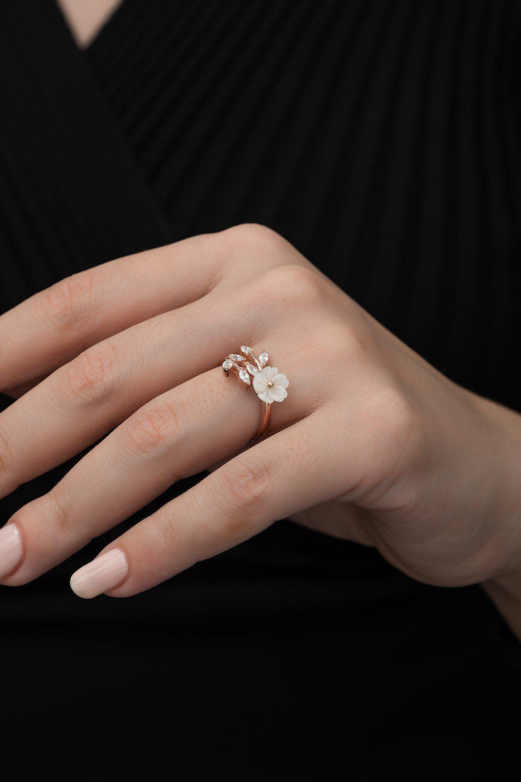 Adjustable Magnolia Flower Ring | Rose Gold Plated Zircon Floral Design (TRDYL1008)