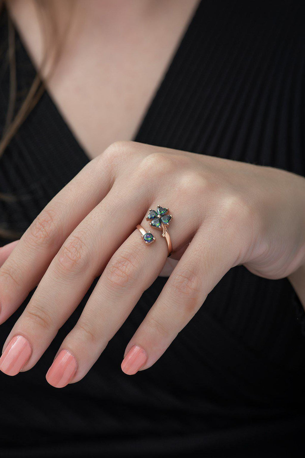 Adjustable Clover Ring | Rose Gold Plated Mystic Topaz Design (TRDYL948)