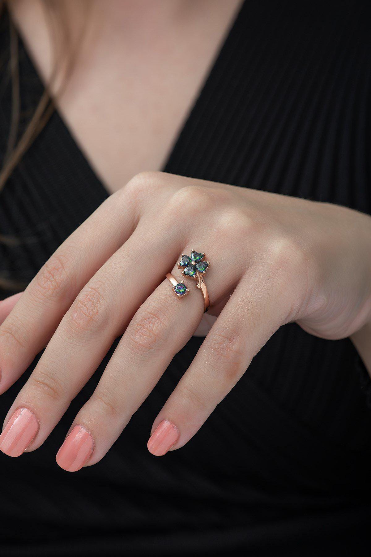 Adjustable Clover Ring | Rose Gold Plated Mystic Topaz Design (TRDYL948)