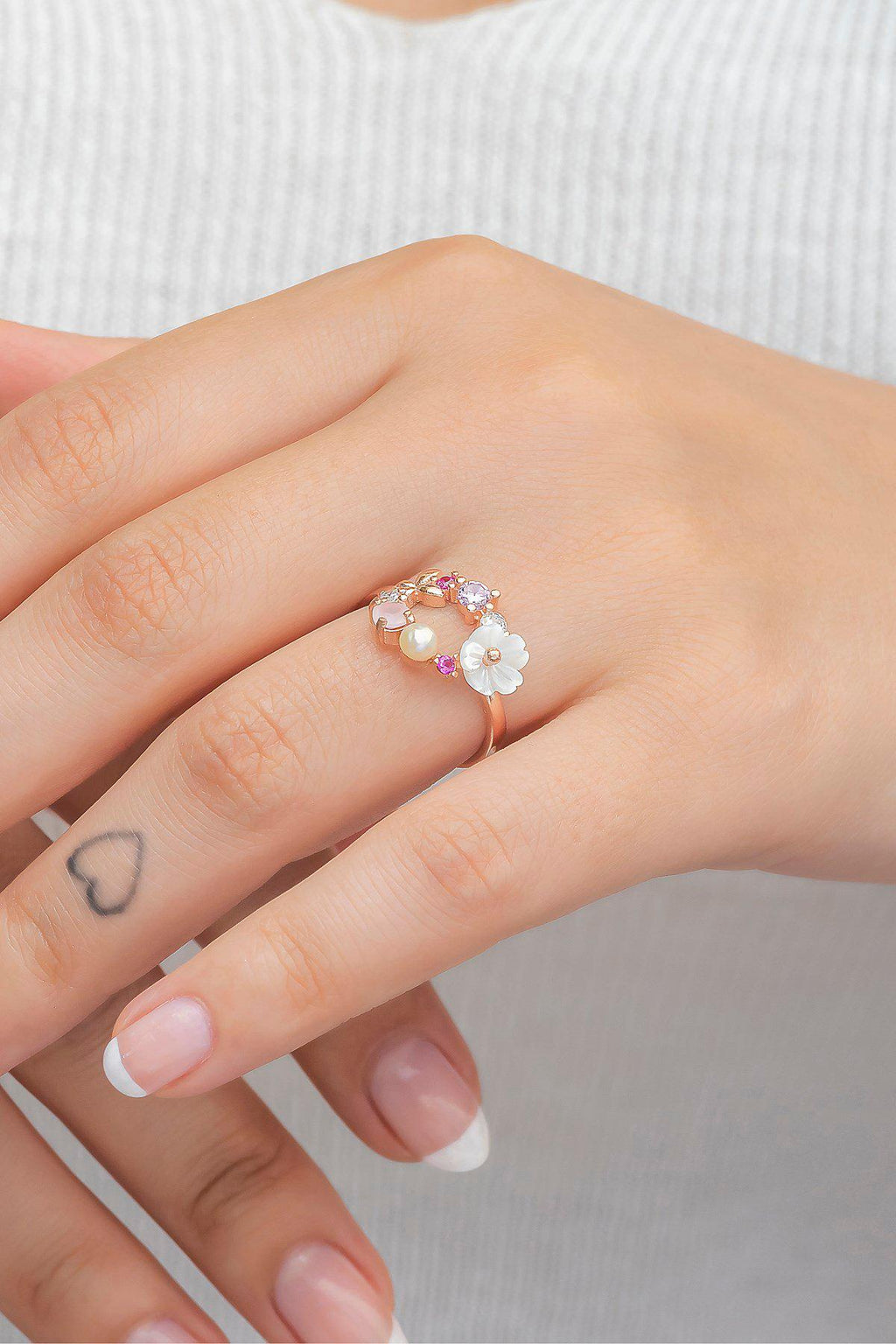 Adjustable Magnolia Flower Ring | Rose Gold Plated Zircon Spring Floral Design (NRZ998510)