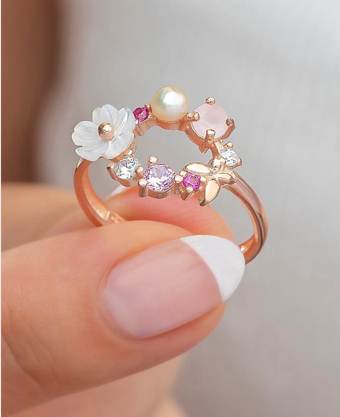 Adjustable Magnolia Flower Ring | Rose Gold Plated Zircon Spring Floral Design (NRZ998510)