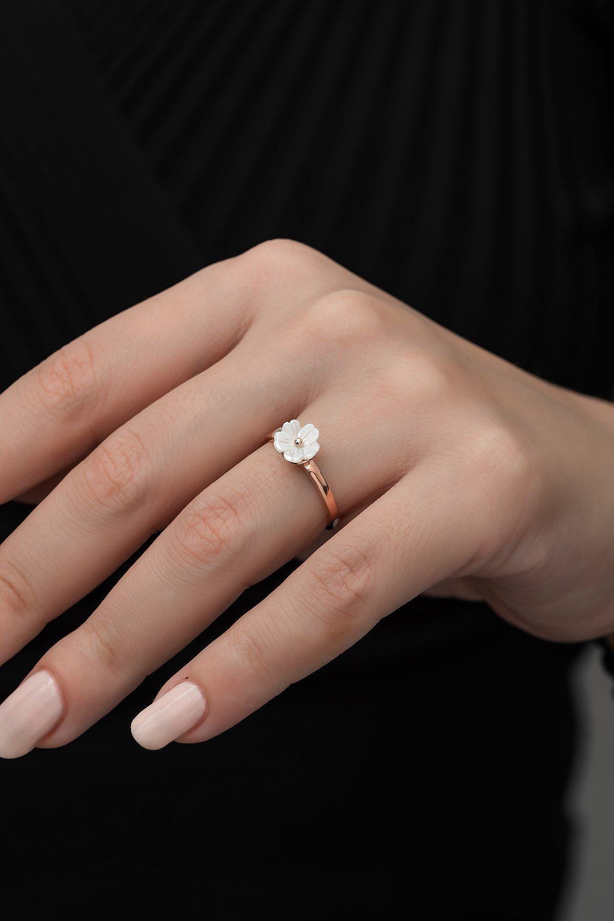 Adjustable Solitaire Magnolia Flower Ring | Rose Gold Plated Zircon Floral Design (TRDYL1009)