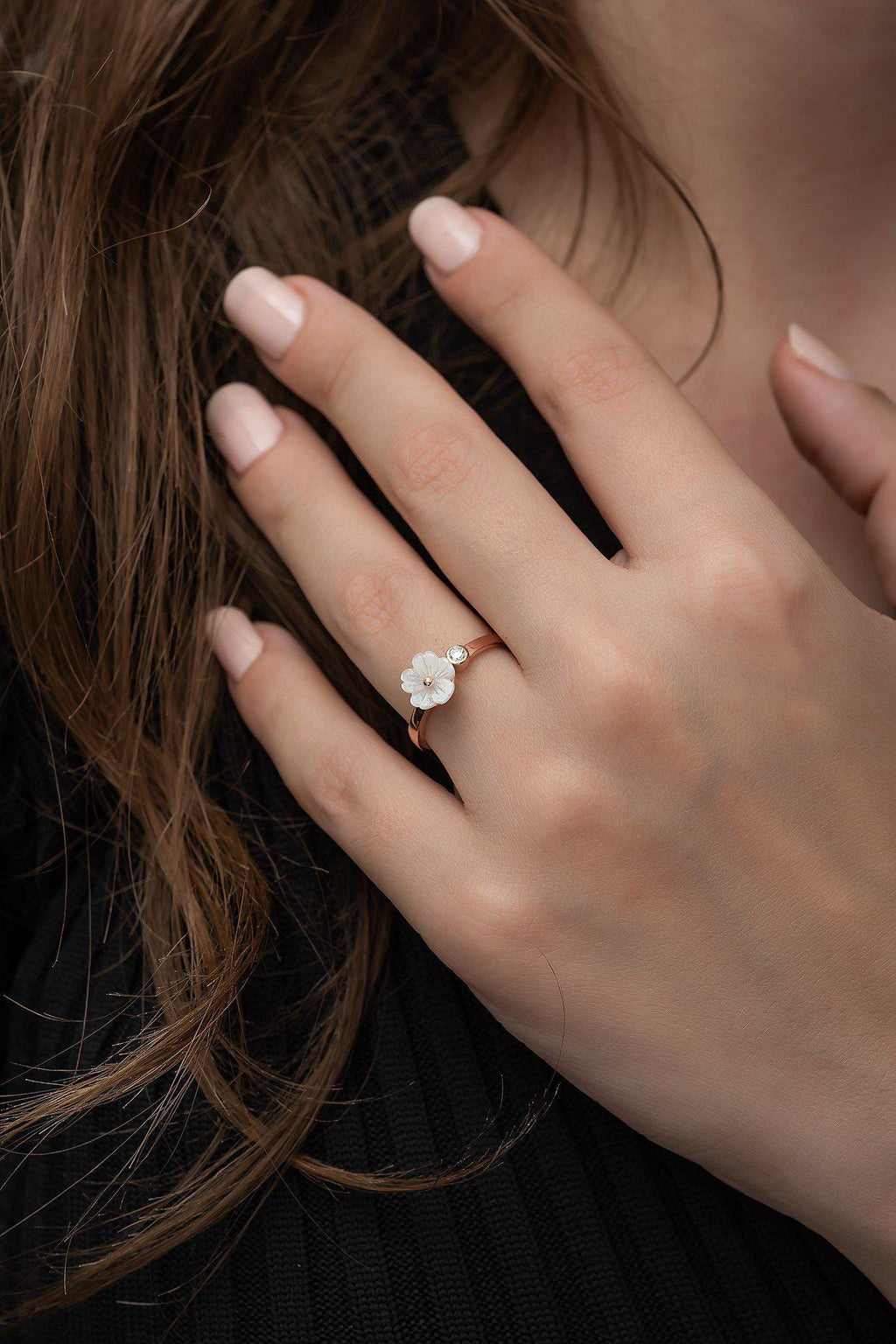 Adjustable Solitaire Magnolia Flower Ring | Rose Gold Plated Zircon Floral Design (TRDYL1009)