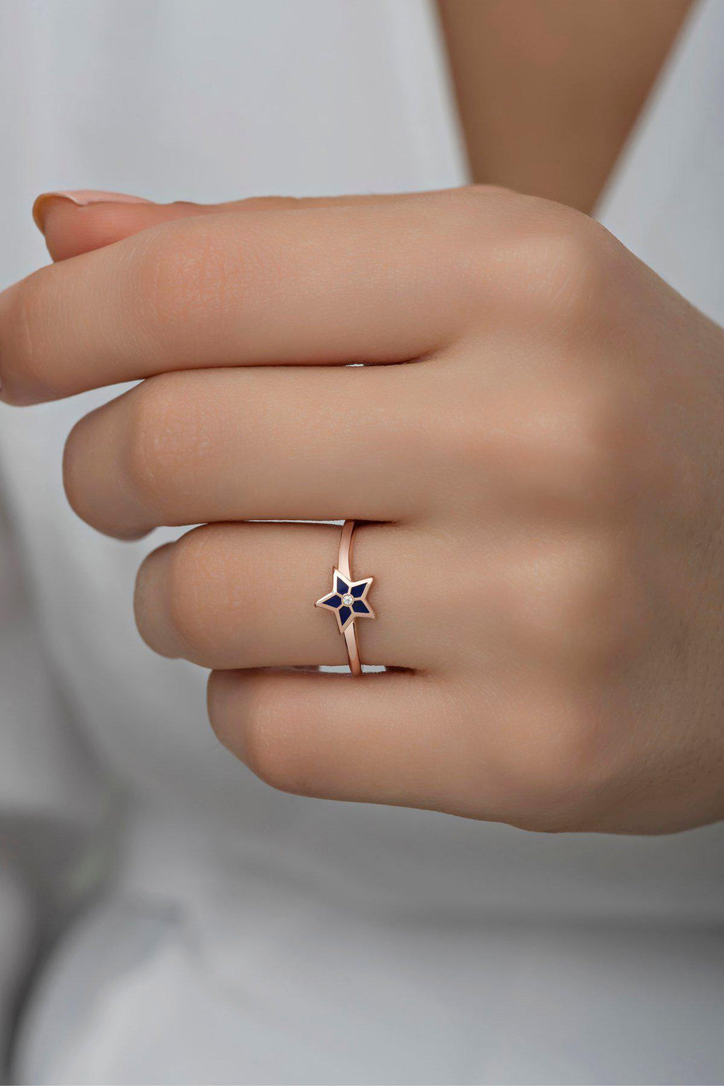 Rose Gold Sterling Silver Star Ring | Blue Enamel Celestial Jewelry (NRZ998393)