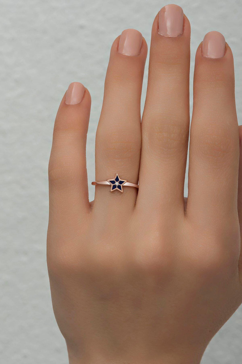 Rose Gold Sterling Silver Star Ring | Blue Enamel Celestial Jewelry (NRZ998393)
