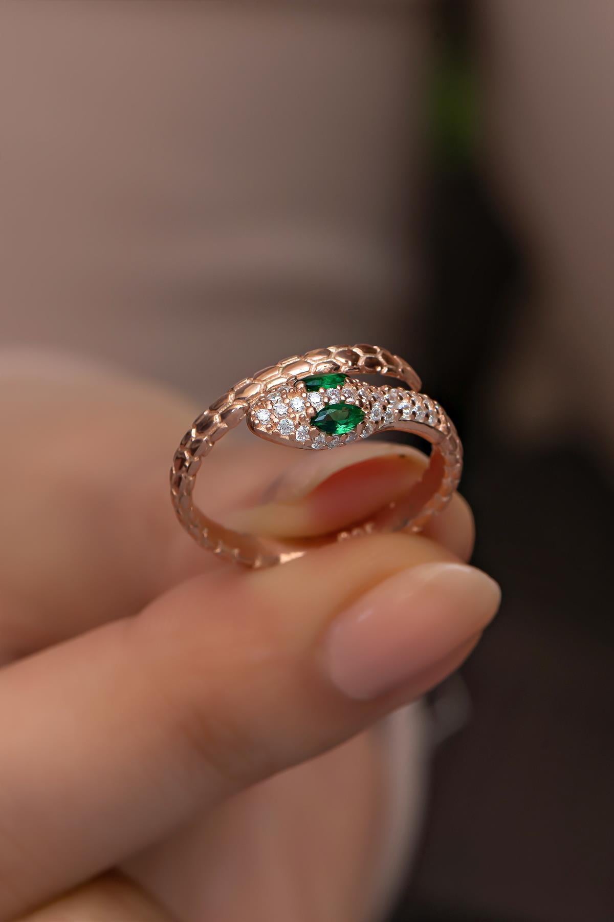 Rose Gold Sterling Silver Snake Ring, Zircon Serpent, Adjustable Jewelry (NRZ999024)