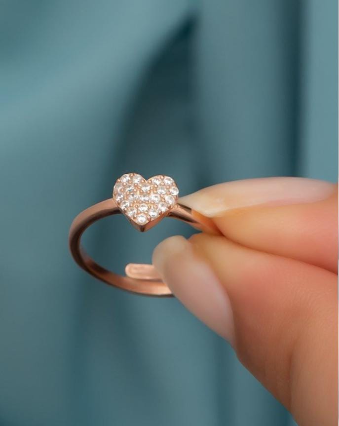 Rose Gold Sterling Silver Heart Ring, Zircon Stone, Adjustable (NRZ99710)