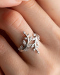 Sterling Silver Olive Branch Ring, Zircon Leaf, Adjustable Nature Jewelry (NRZ999204)