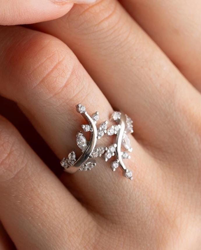 Sterling Silver Olive Branch Ring, Zircon Leaf, Adjustable Nature Jewelry (NRZ999204)