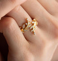 Gold Plated Olive Branch Ring, Zircon Leaf, Adjustable Sterling Silver (NRZ999202)