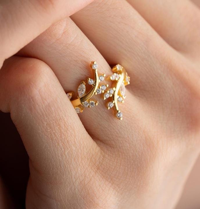 Gold Plated Olive Branch Ring, Zircon Leaf, Adjustable Sterling Silver (NRZ999202)