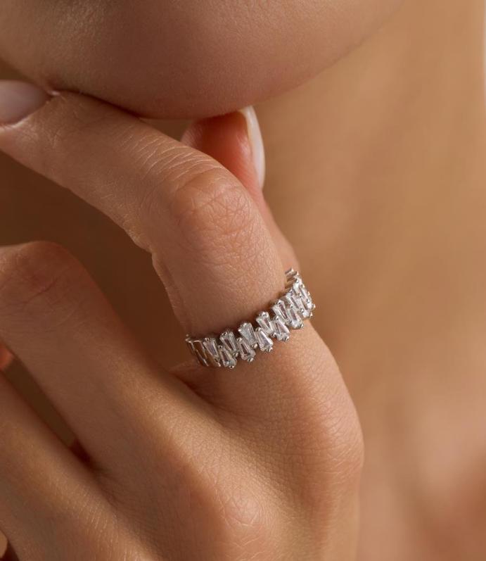 925 Sterling Silver Baguette Zircon Ring, Rhodium Plated Adjustable Band Ring for Women (NRZ1000596)