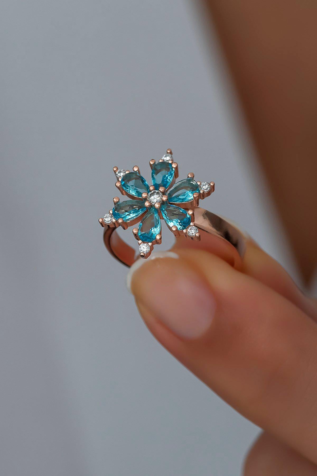 Flower Ring | Adjustable 925 Sterling Silver Aquamarine Stone Ring for Women (NRZ99809)