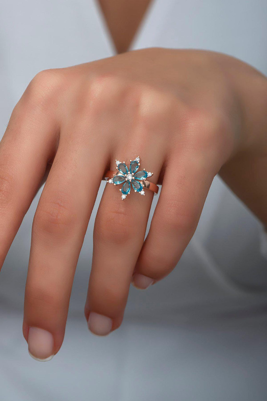 Flower Ring | Adjustable 925 Sterling Silver Aquamarine Stone Ring for Women (NRZ99809)