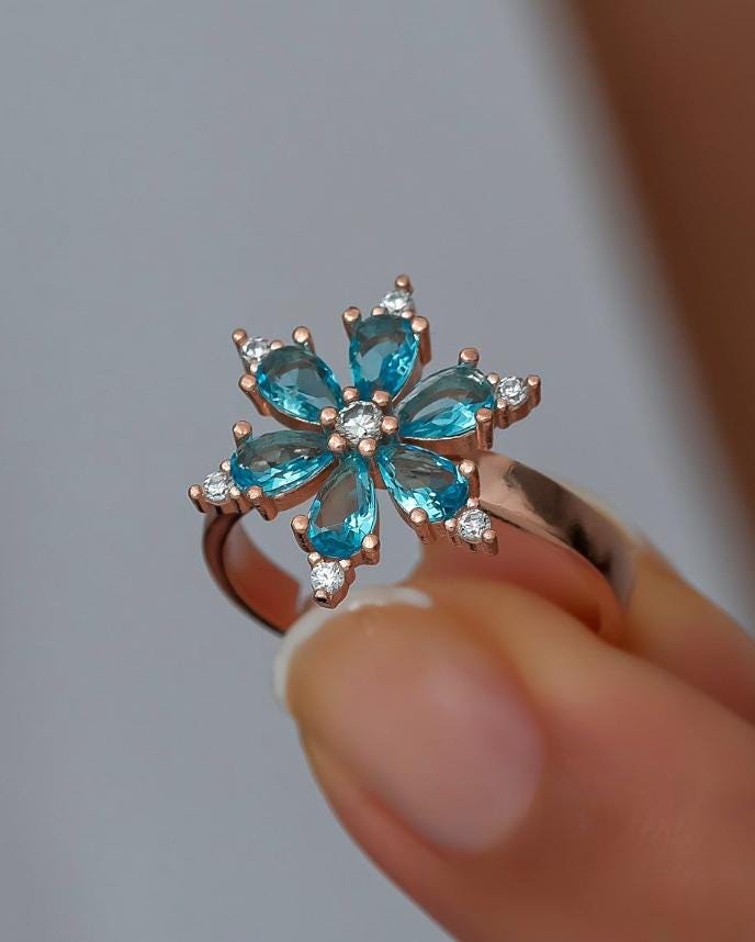 Flower Ring | Adjustable 925 Sterling Silver Aquamarine Stone Ring for Women (NRZ99809)