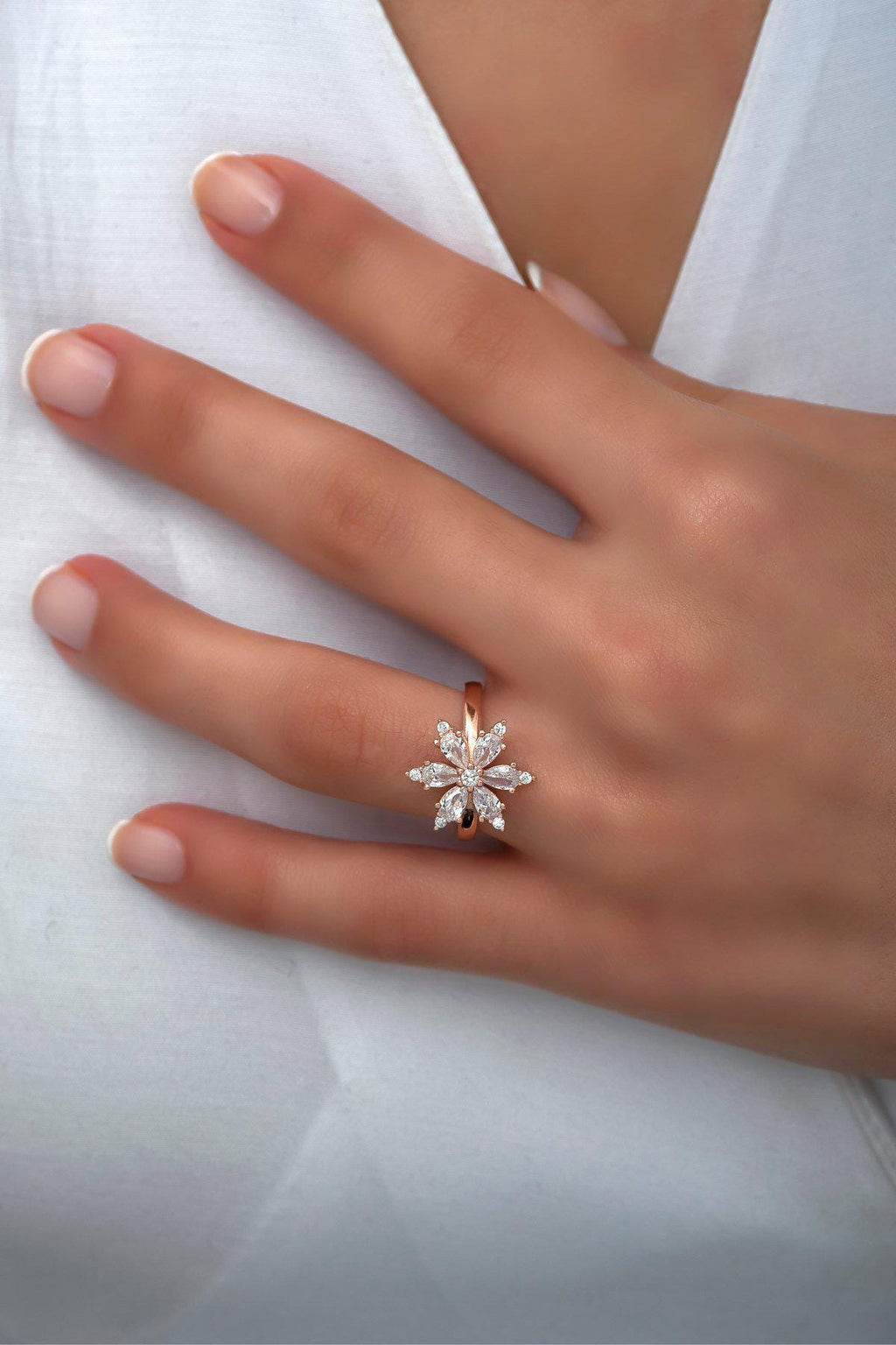 Rose Gold Plated Sterling Silver Flower Ring | Adjustable Zircon Floral Band (NRZ99810)